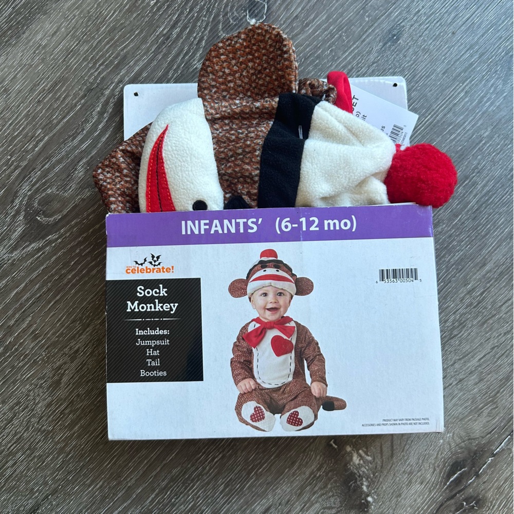 NWT Baby 6-12 M Sock Monkey Halloween Costume Jumpsuit Hat Tail‎